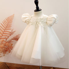 Kid's Cute Round Necked Princess Dress with Bow High Waist White Partr Gown