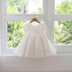 Girls V Necked Party Dress with Bow Cute Short Sleeves Flower Girl Dresses
