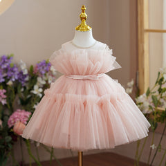 A Line Pink Dress Soft Tulle Gown for Kids Cute Girls' Birthday Dress