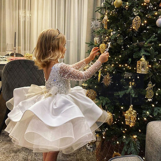 Girl's Sequins with Bow Long Sleeves Party Dress Ruffle Princess Dress