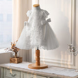 White Round Necked Flower Girl Dresses with Bows Lace Puffy Sleeveless Party Gowns