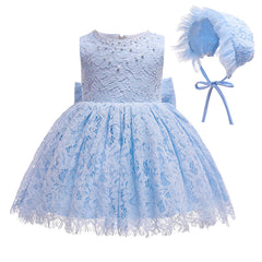 Cute Sleeveless Lace Christening Dress with Bow and Bonnet Lovely Princess Dresses