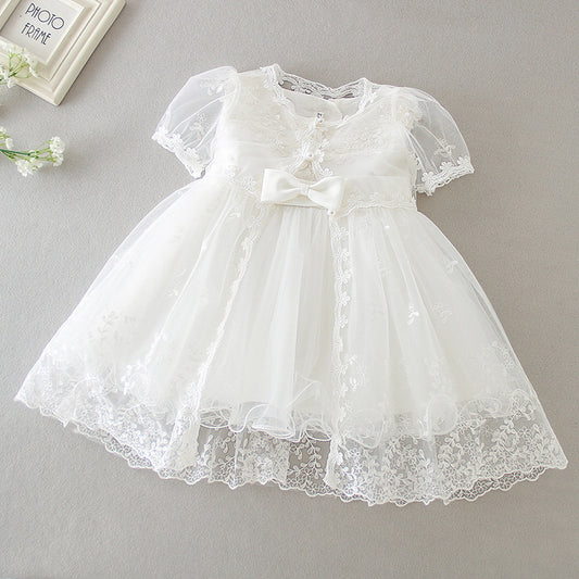 2 PCS Round Necked Lace Christening Dress for Baby with Bow Cute Birthday Dresses
