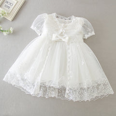 2 PCS Round Necked Lace Christening Dress for Baby with Bow Cute Birthday Dresses