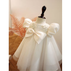 Kid's Cute Round Necked Princess Dress with Bow High Waist White Partr Gown