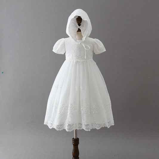 Cute Short Sleeves White Embroidery Sheer Lace Baptism Dress with Bonnet