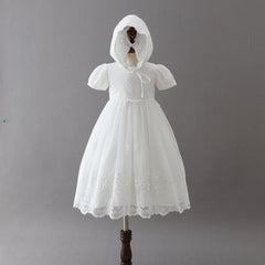 Cute Short Sleeves White Embroidery Sheer Lace Baptism Dress with Bonnet