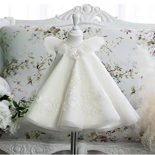 Kid's Embroidery Sheer Princess Dress with Bow Short Sleeves Formal Wear