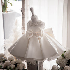 Peter Pan Collar Children's Birthday Party Dress with Bows Kid Flower Girl Dresses with Imitation Pearls