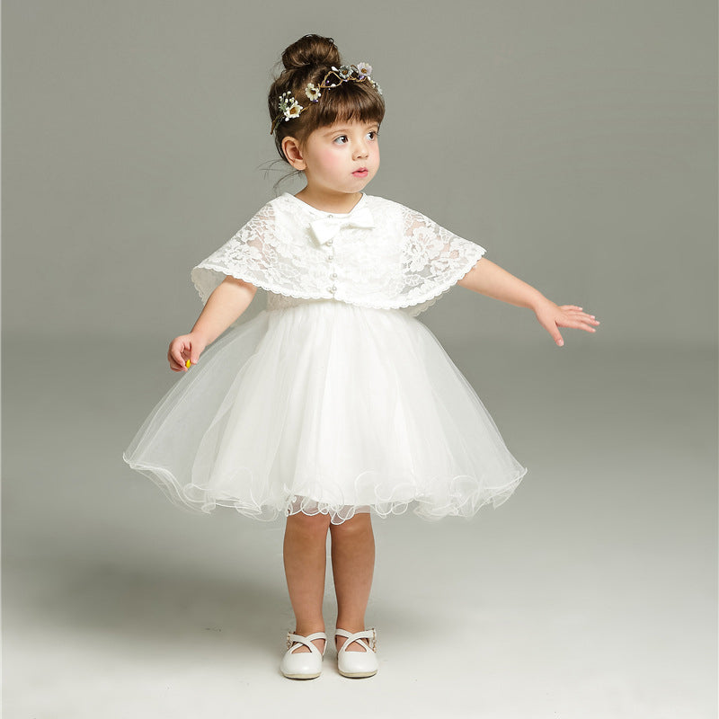Cute Baby Girl's A line White Gown with Cape Puffy Christening Gowns, White / 0-6 M