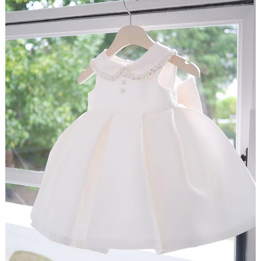 Gorgeous Kid's Ruffle Princess Dress with Bow Sleeveless Peter Pan Collar Gown