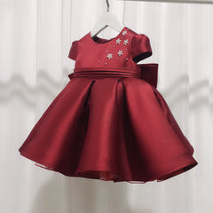Children's A Line Burgundy Gown with Bow Cute Ruffle Prom Dress for Banquet