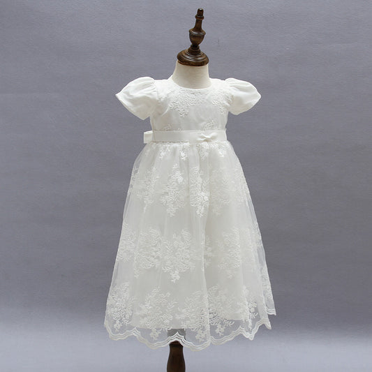 Baby's Puff Sleeves Lace Dress with Bow Cute Round Necked Gown 2 Colors