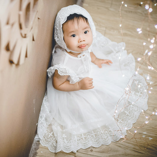 Cute Baby's Lace Christening Dress with Bonnet A Line Baptism Gown