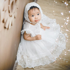 Cute Baby's Lace Christening Dress with Bonnet A Line Baptism Gown
