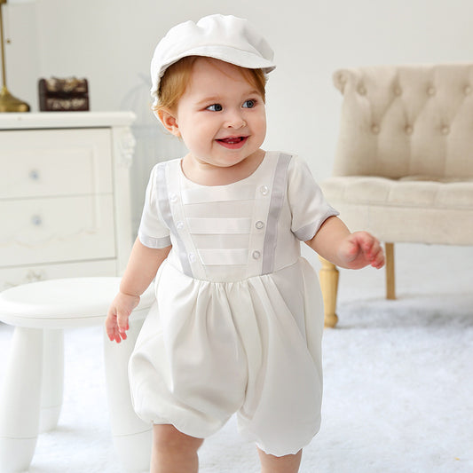 Infant Boys Short Sleeves Christening Outfits with Bonnet Classic Round Necked Baptism Suits