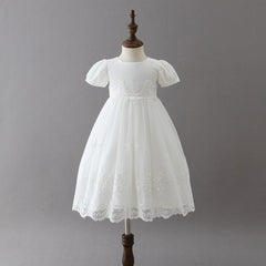 Cute Short Sleeves White Embroidery Sheer Lace Baptism Dress with Bonnet