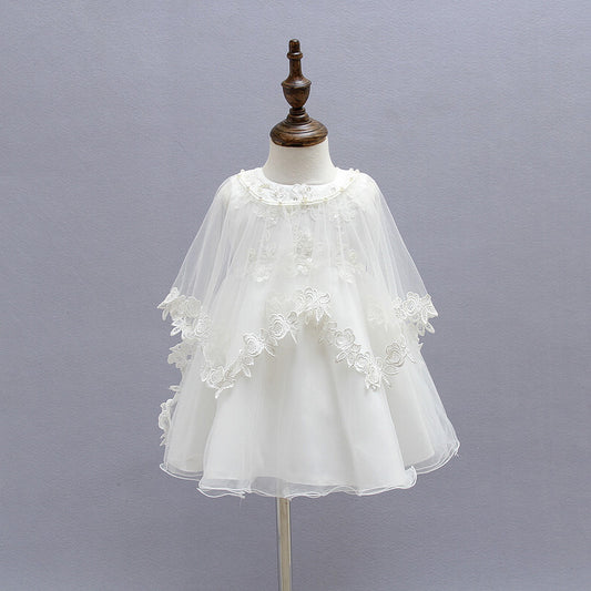 3PCS Baby's Christening Gown with Bonnet Cute Sleeveless Dress with Cloak