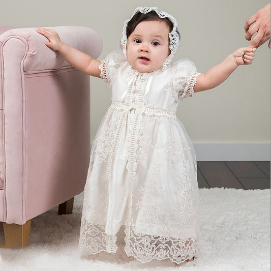 Baby's Chrstening Dress with Bonnet Girls Front Split Puff Sleeves Gown 0-24 Months