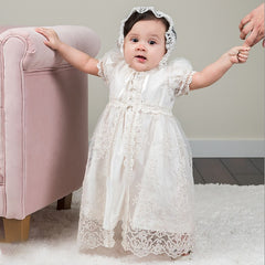 Baby's Chrstening Dress with Bonnet Girls Front Split Puff Sleeves Gown 0-24 Months