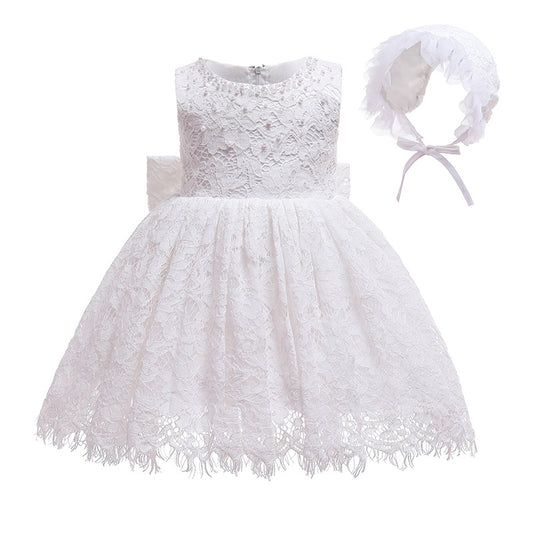 Cute Sleeveless Lace Christening Dress with Bow and Bonnet Lovely Princess Dresses