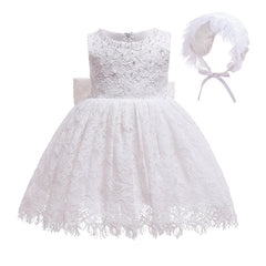 Cute Sleeveless Lace Christening Dress with Bow and Bonnet Lovely Princess Dresses