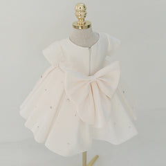 Girls V Necked Party Dress with Bow Cute Short Sleeves Flower Girl Dresses