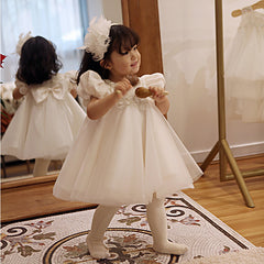 Kid's Cute Round Necked Princess Dress with Bow High Waist White Partr Gown