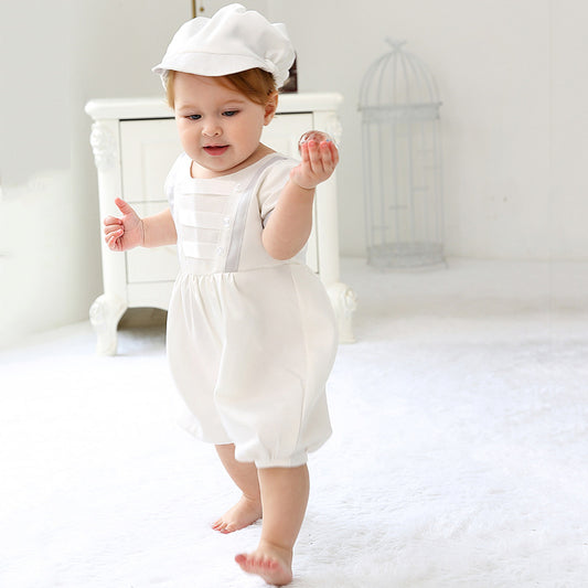 Infant Boys Short Sleeves Christening Outfits with Bonnet Classic Round Necked Baptism Suits