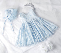 Cute Sleeveless Lace Christening Dress with Bow and Bonnet Lovely Princess Dresses