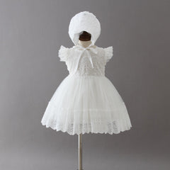 Cute Baby's Lace Christening Dress with Bonnet A Line Baptism Gown