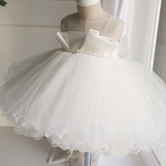 Children's A Line Puffy Dresses with Bow Sleeveless Tulle Gown for Piano Show Dress