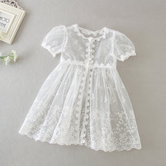 2 PCS Round Necked Lace Christening Dress for Baby with Bow Cute Birthday Dresses