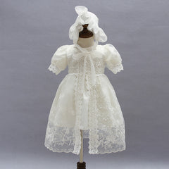 Baby's Chrstening Dress with Bonnet Girls Front Split Puff Sleeves Gown 0-24 Months