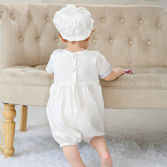 Infant Boys Short Sleeves Christening Outfits with Bonnet Classic Round Necked Baptism Suits