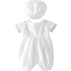 Infant Boys Short Sleeves Christening Outfits with Bonnet Classic Round Necked Baptism Suits