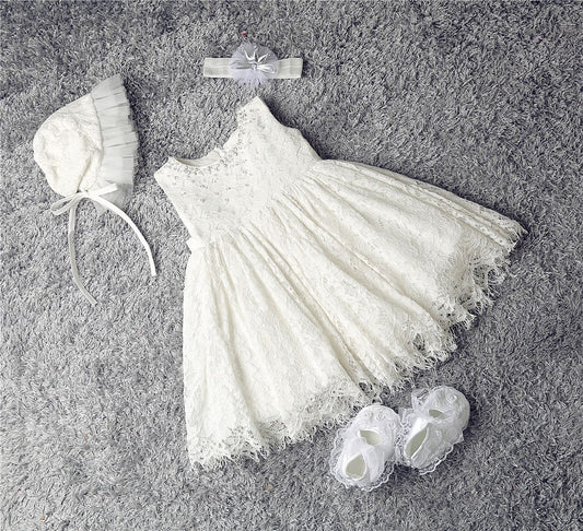Cute Sleeveless Lace Christening Dress with Bow and Bonnet Lovely Princess Dresses