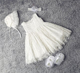 Cute Sleeveless Lace Christening Dress with Bow and Bonnet Lovely Princess Dresses