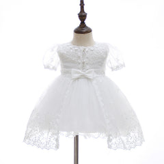 2 PCS Round Necked Lace Christening Dress for Baby with Bow Cute Birthday Dresses