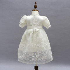 Baby's Chrstening Dress with Bonnet Girls Front Split Puff Sleeves Gown 0-24 Months