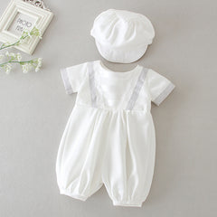 Infant Boys Short Sleeves Christening Outfits with Bonnet Classic Round Necked Baptism Suits