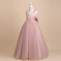 Girls' Cross Bust Flower Girl Dresses with Bow Sleeveless Silk Satin Tulle Gown