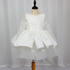 Girl's Sequins with Bow Long Sleeves Party Dress Ruffle Princess Dress