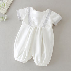 Infant Boys Short Sleeves Christening Outfits with Bonnet Classic Round Necked Baptism Suits