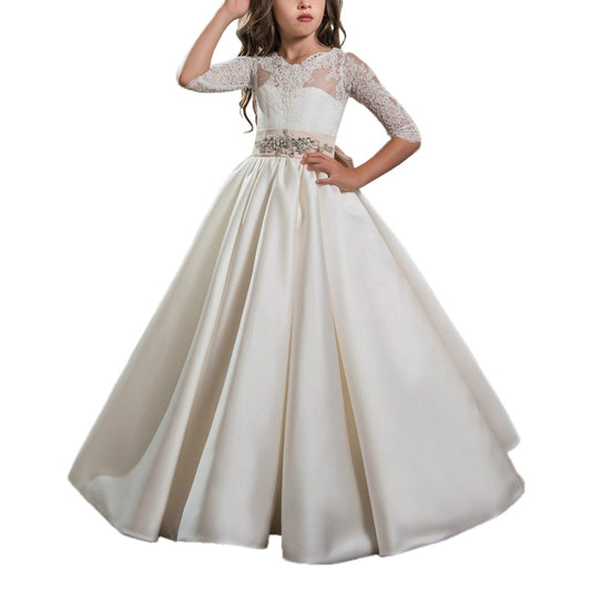 First Communion Dresses for Weddings Half Sleeves Ball Gown with Bow for Girls Beading O-Neck Flower Girl Dress