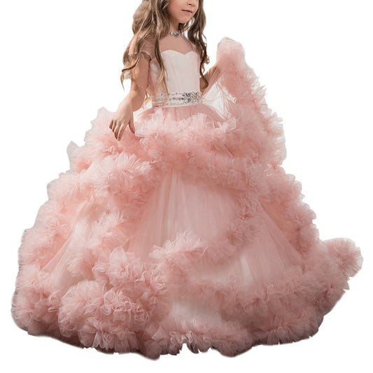 Flower Girl Dress Short-Sleeved V Back communion dress lace top Tulle Skirt Child Girl Dress Ball Gown Princess Girl Birthday Dresses