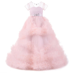 Flower Girl Dress Short-Sleeved V Back communion dress lace top Tulle Skirt Child Girl Dress Ball Gown Princess Girl Birthday Dresses