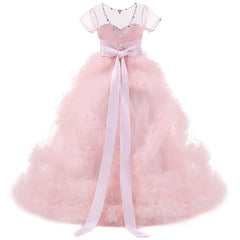 Flower Girl Dress Short-Sleeved V Back communion dress lace top Tulle Skirt Child Girl Dress Ball Gown Princess Girl Birthday Dresses