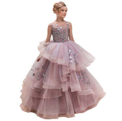 Flower Girl Dresses for Wedding Floor Length Ball Gown Pageant Puffy Tulle Dresses Flower Embroidery Princess Dresses