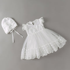 Cute Baby's Lace Christening Dress with Bonnet A Line Baptism Gown